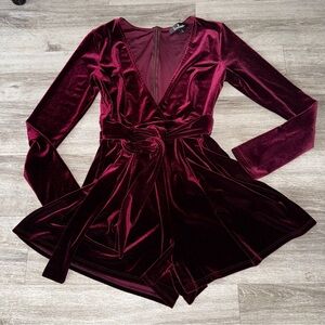 Lulu's Deep Red Velvet Romper with long sleeves